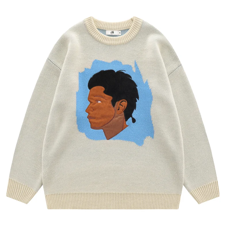 

Мужской уличная одежда Harajuku толстый свитер с вышивкой лица из мультфильма хип-хоп оверсайз вязаный свитер японский Модный пуловер 2022