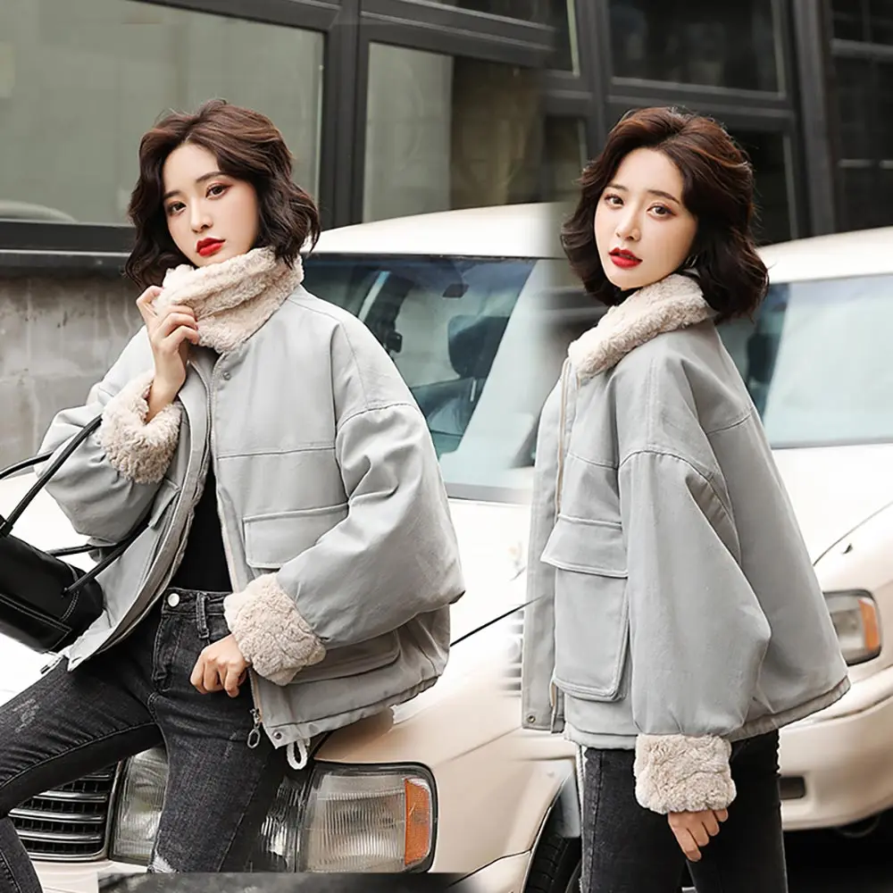 2023 Winter New Casual Women Short Parkas Warm Fur Spliced Long Sleeve Female Jacket Padded Cotton Jacket Coat Autumn Outerwear