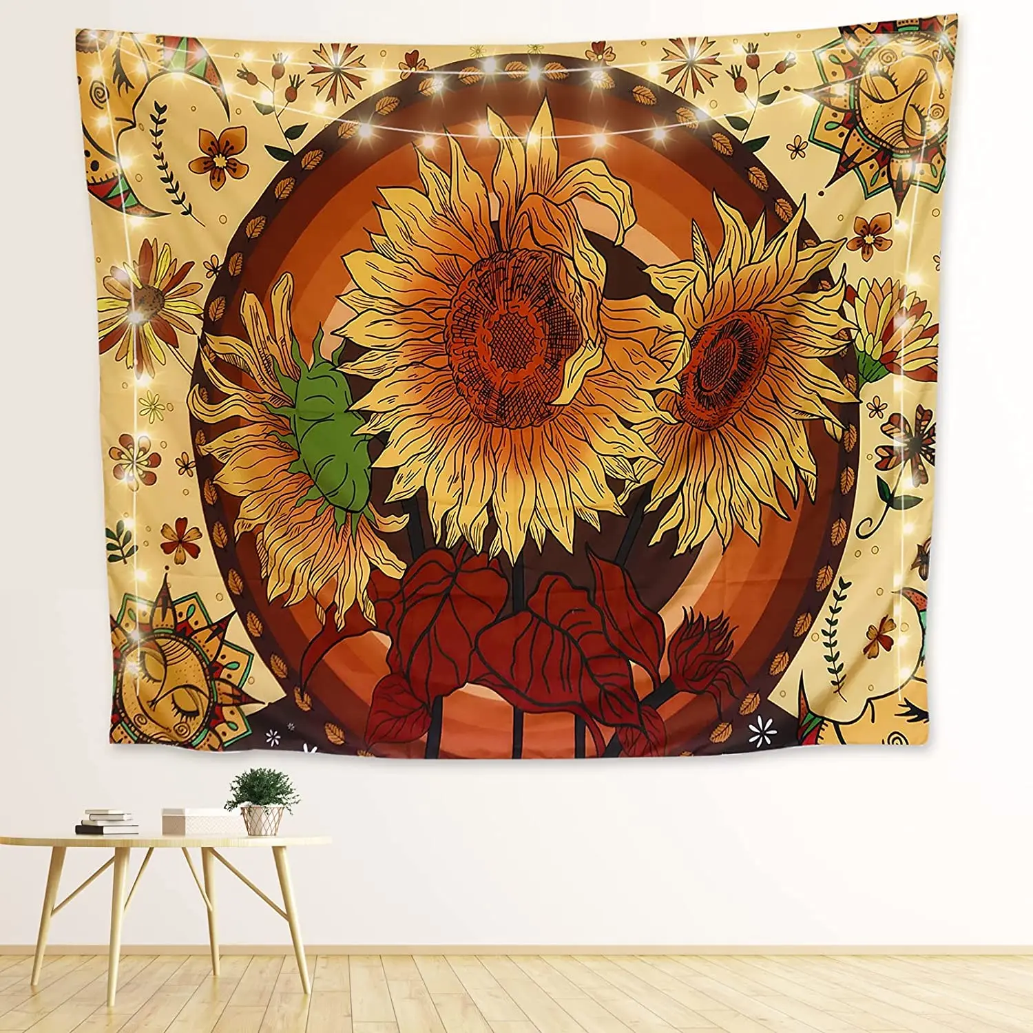 

Sunflower Tapestry Sun and Moon Tapestry fall tapestry Retro Yellow Vintage Flowers Tapestries Bohemian Mandala Tapestry