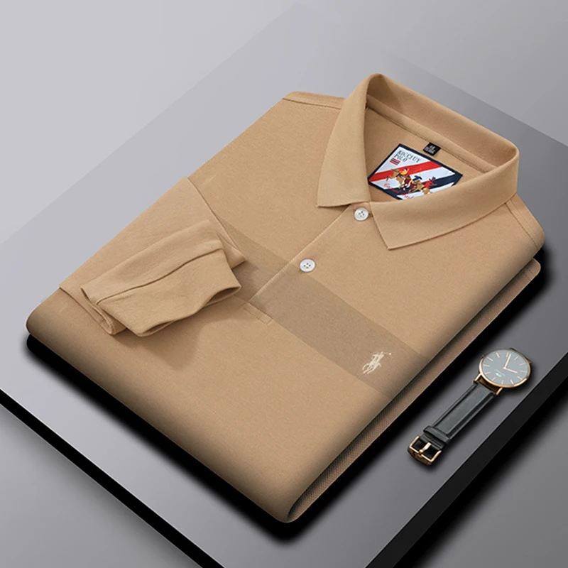 

High Quality Spring Autumn Long-Sleeved Top Men Solid Color Embroidery Design High-End Business Casual T-Shirt Button Polo Shirt