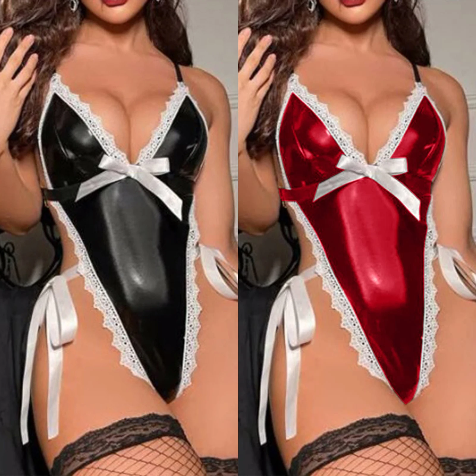 

Women One Piece Erotic Bodysuit Sparkle Leather Erotic Lingerie Shiny Sleeveless Adjustable Strap Underwear for Seductive Nights
