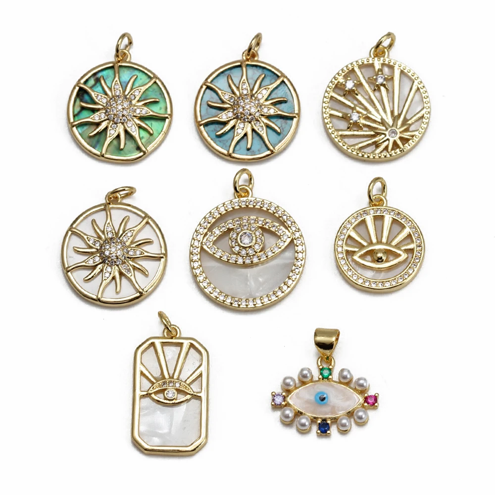 Gold Plated Flat Round Zircon Pendant Star Evil Eye Charm Diy Accessories Shell Pendant for Jewelry Making Necklaces Findings