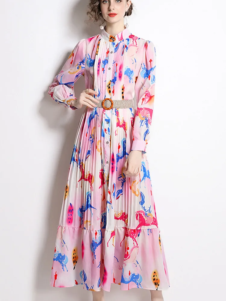 

Women's Sweet Lantern Sleeve Pink Print Dresses Fashion Pleated Single-Breasted Runway Vintage Autumn Holiday Party Dress Robe