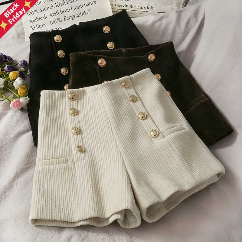 

2023 Autumn Winter Office Lady Corduroy Shorts Women High Waist Double Breasted Casual Shorts Straight A Line Wide leg Shorts