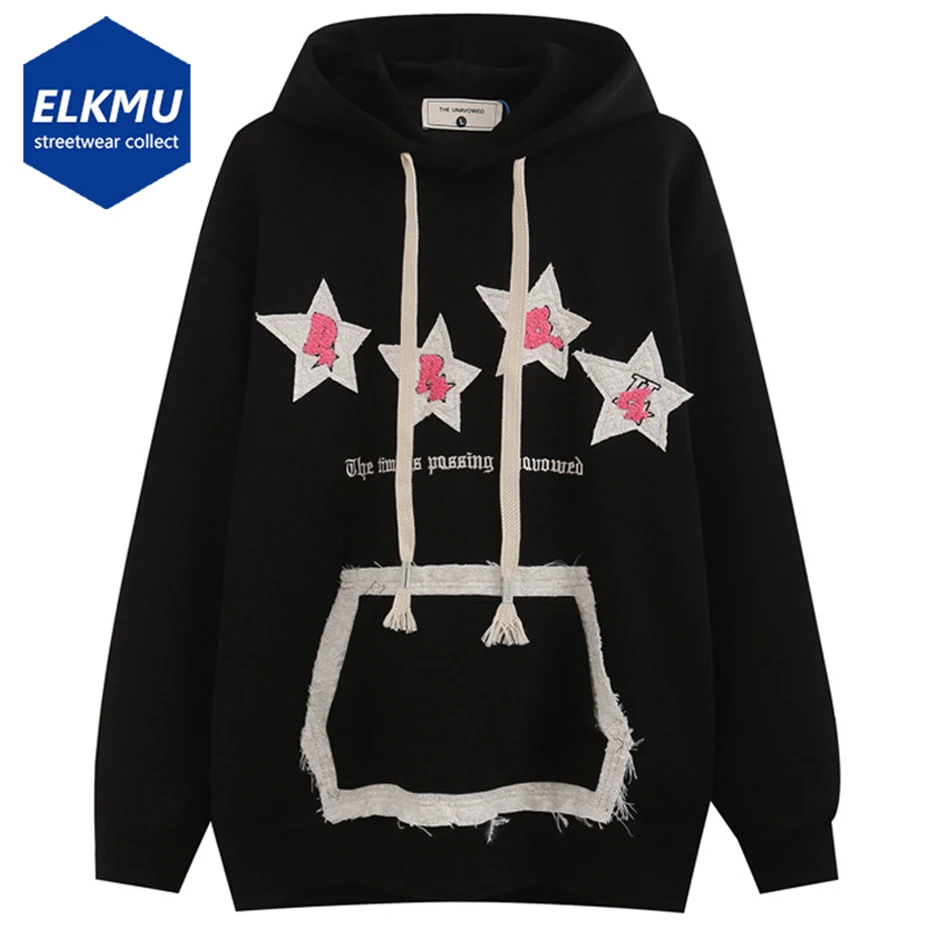 

Star Splicing Loose Hoodie Streetwear Hip Hop Oversized Harajuku Y2K Men Hoodies Hooded Tracksuit Casual Black Sweatshirt 2023