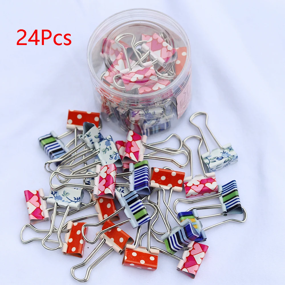 

24Pcs/set Kawaii 19mm Printed Metal Binder Clips Multicolor Paper Clip Clamp Document File Binder Office School Binding Supplies