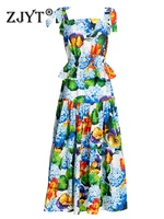 zjyt runway floral print maxi skirt set 2 pieces summer outfits holiday women elegant spaghetti strap top dress suits beach