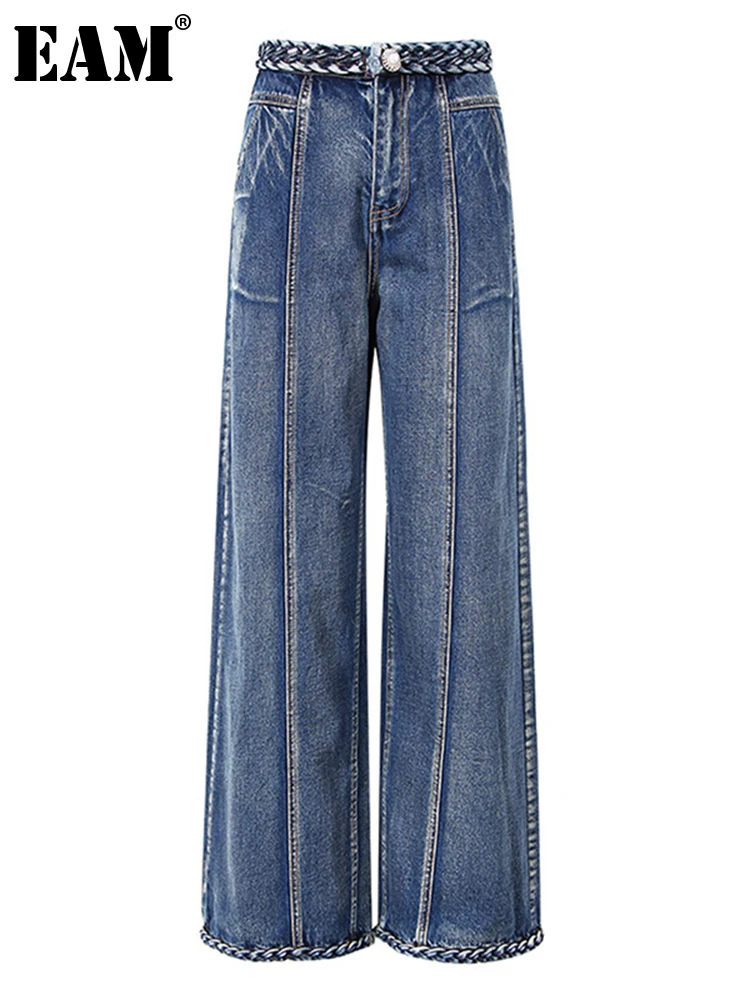 [EAM] темно-синие джинсы с высокой талией Длинные повседневные широкими штанинами