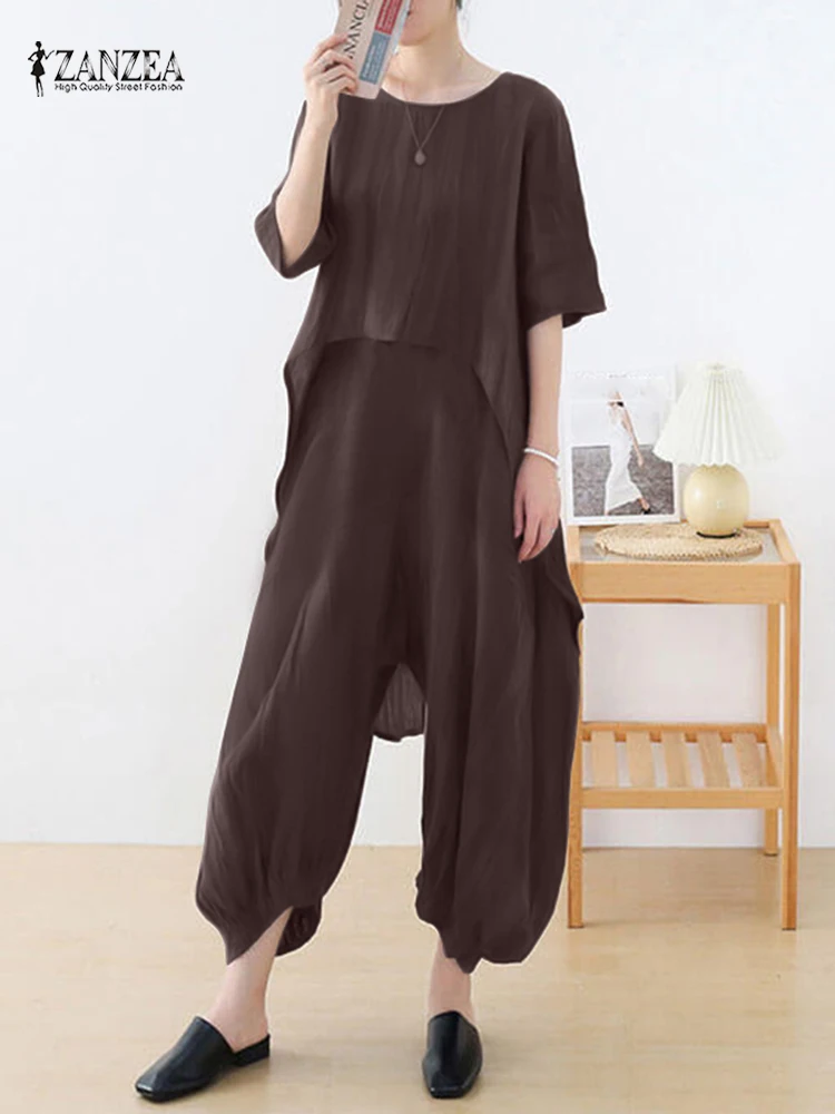 

Vintage Half Sleeve Blouse and Wide Leg Pants Suits ZANZEA Women Summer Tracksuit 2PCS Solid Asymmetrical Sets Loose Outifits