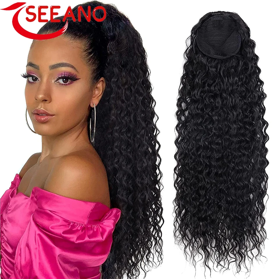 SEEANO Synthetic Drawstring Ponytail Long Kinky Curly Ponytail Synthetic Clip-In Hair Extension For Black Women Natural Looking