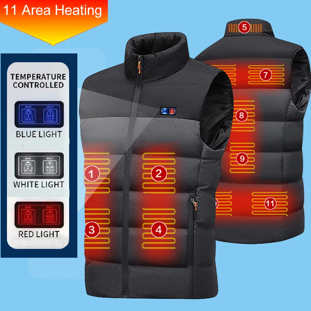 New 11 Places Zones Winter Heating Jacket Washable Electric Heated Vest Splicing Thermal Waistcoat Thermostatic Heated Vest