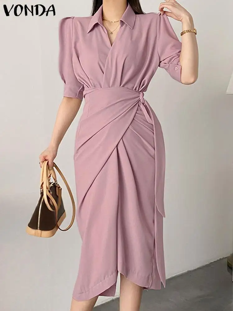 

Women Elegant Office Midi Dress VONDA 2022 Casual Solid Color Party Dress Summer Sundress Bohemian Robe Femme Vestidos Femininas