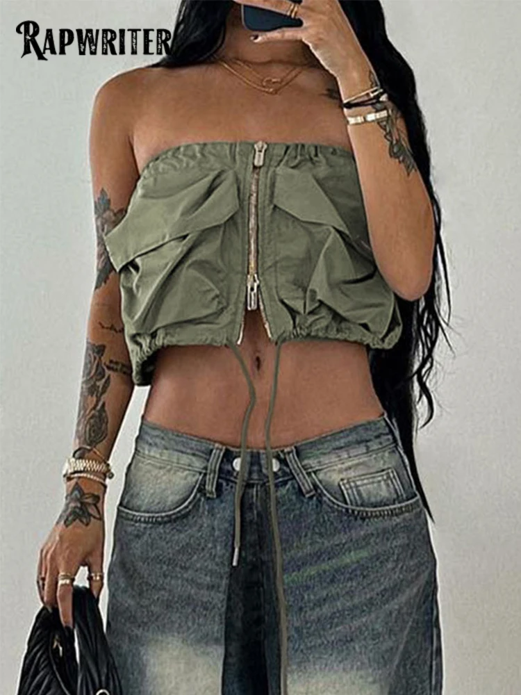 Топ женский винтажный на молнии, без бретелек, с карманами