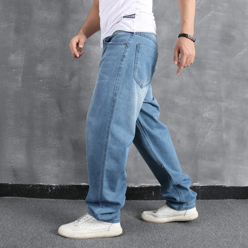 Light Blue Large Size Jeans Men Loose Casual Trend Hip-hop Denim Pants Skateboard Pants Stretch Full Length Trousers