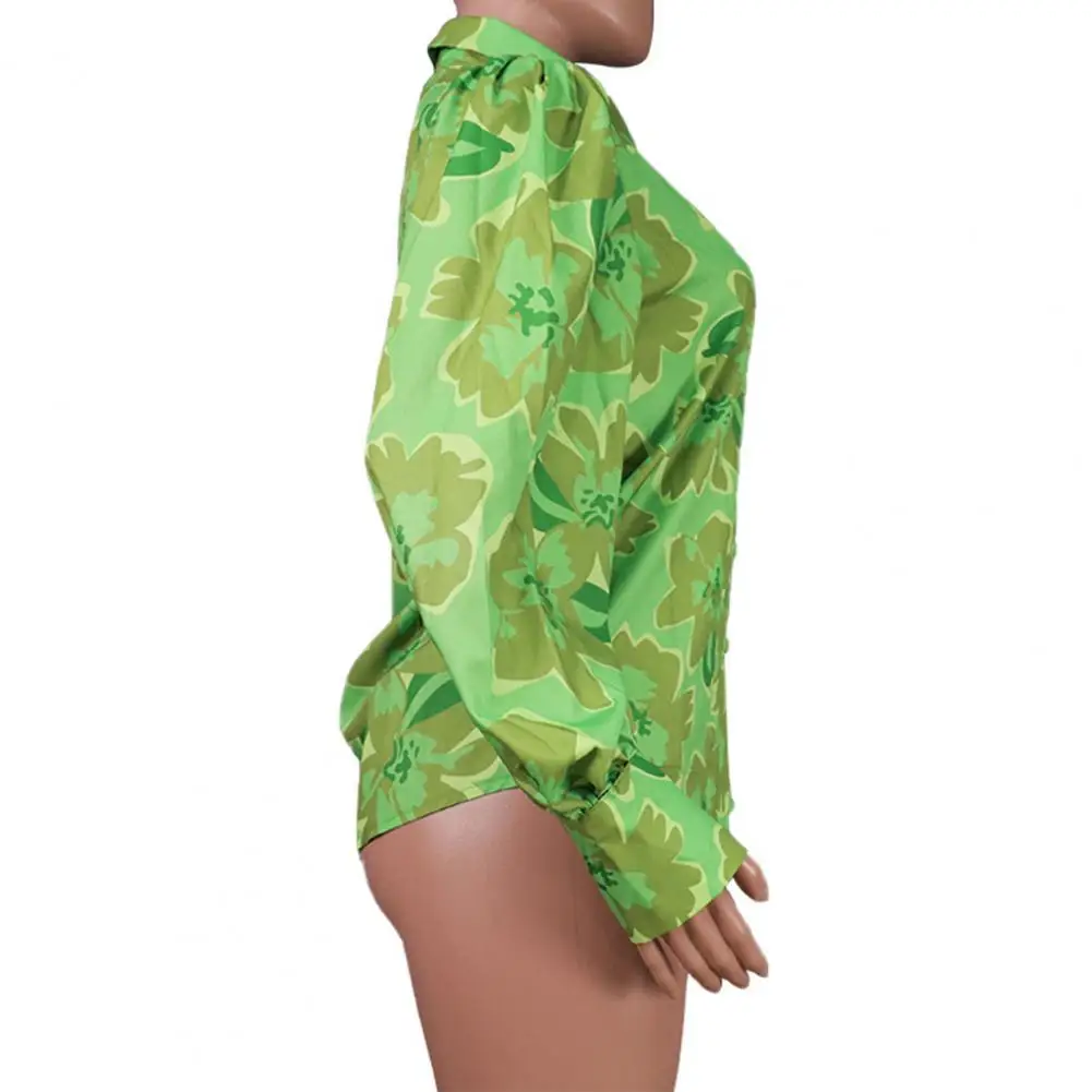 

Long-sleeved Shirt Floral Puff Sleeve Blouses for Women Chic Single-breasted Workwear Tops with Loose Fit Lapel Collar Loose Fit