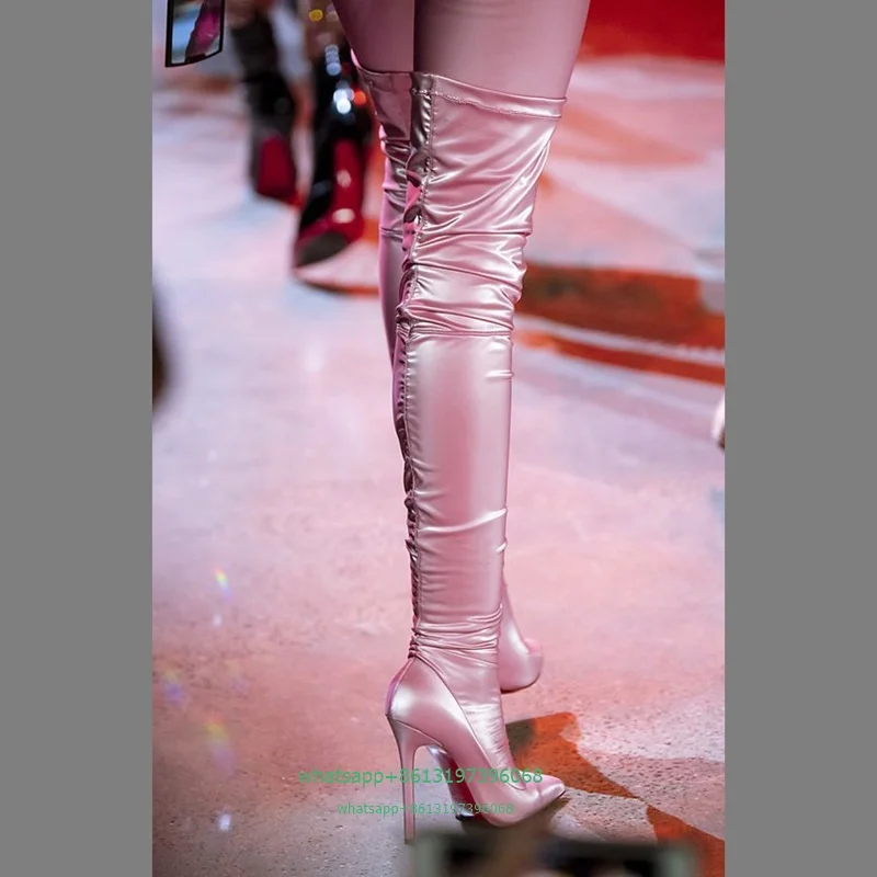 

Женские розовые замшевые Дизайнерские Сапоги до бедра с острым носком на шпильке элегантные Подиумные повседневные сапоги для вечеринки повседневные сапоги новая обувь