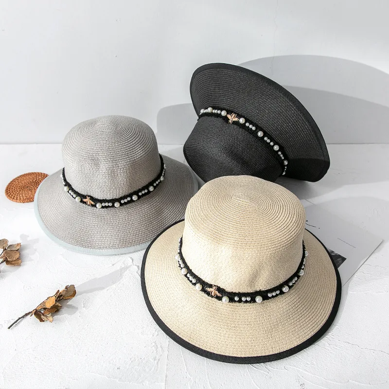 

Cross-border Amazon Pearl Bonnet New Sunscreen Beach Hat Serging Straw Hat Manufacturer Fashion Elegant Art Wind Caps