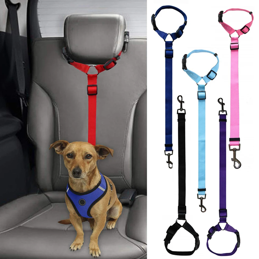 

1pc Solid Color Two-in-one Pet Car Seat Belt Nylon Lead Leash Backseat Safety Belt Adjustable Dogs Harness Collar Accessories