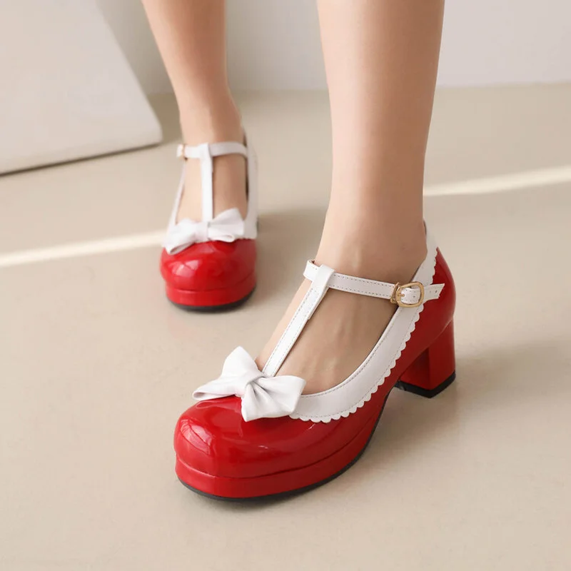 

Ochanmeb Big Plus Size 48 Women T-strap Mary Janes Pumps Ladies Lovely Sweet Bow-knot Lolita Girl Tea Party Shoes Navy Blue Heel