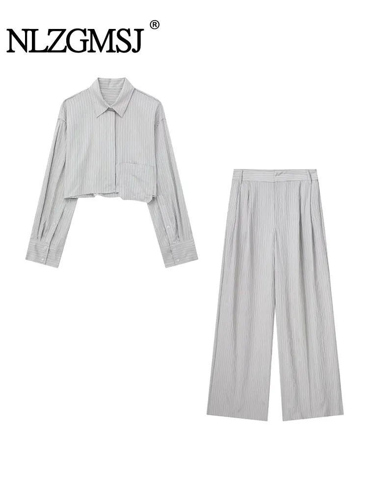 

Nlzgmsj TRAF 2023 Woman 2 Piece Set Shirt Suit Pocket Decorated Striped sleeved+Striped Neutral Style Pants Causal Outfits