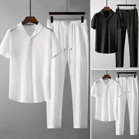 2pcsset turn down collar elastic waistband pleated casual outfit short sleeve shirt drawstring long pants set male clothing