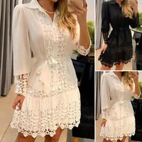 turn down collar long sleeve single breasted pullover women dress hollow out floral shape shirt short dress female clothing