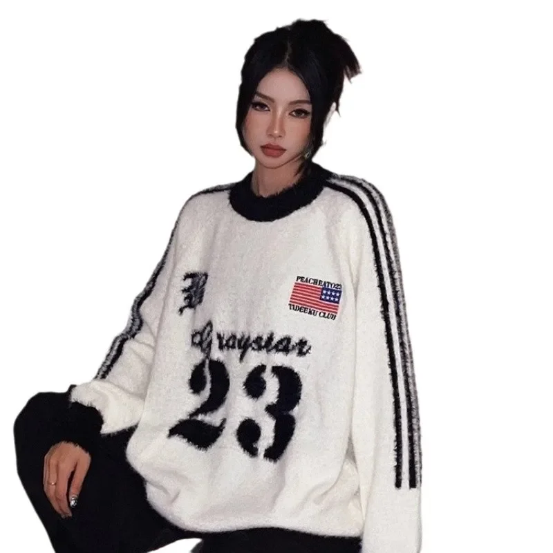Модный американский стиль жаккардовый ангорский свитер с круглым вырезом для