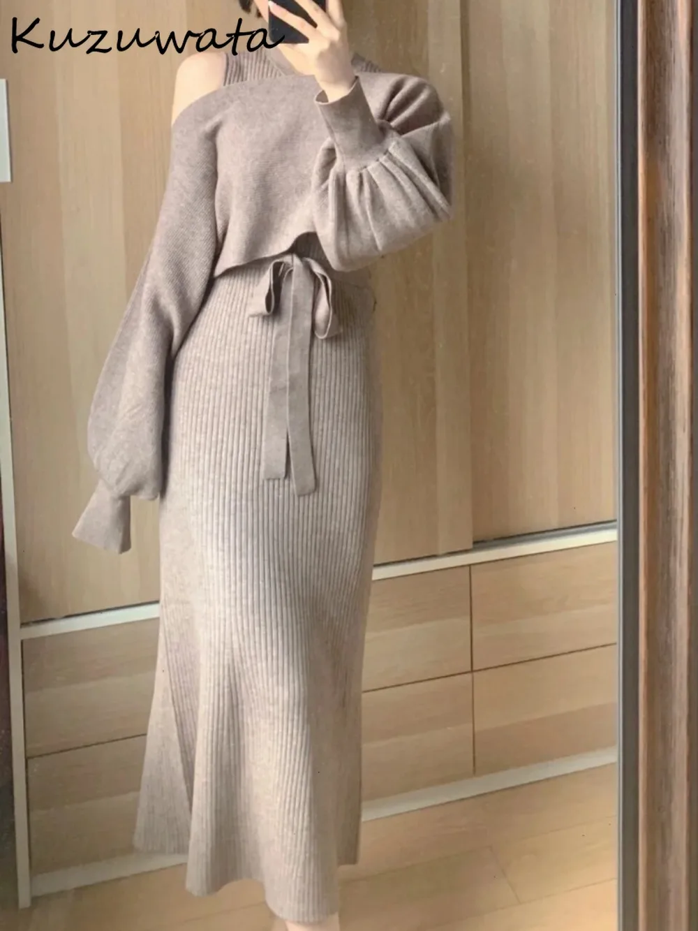 Kuzuwata Милый богемный вязаный халат с открытыми плечами во французском стиле на