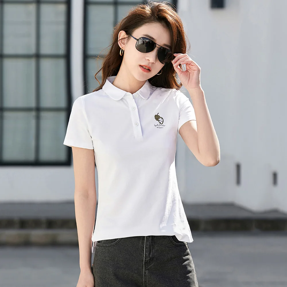 New Women Polos T-shirt Summer Fashion Button Small Turn-down Collar Short Sleeve Cotton Tees Tops Chic Embroidery Slim T-shirt
