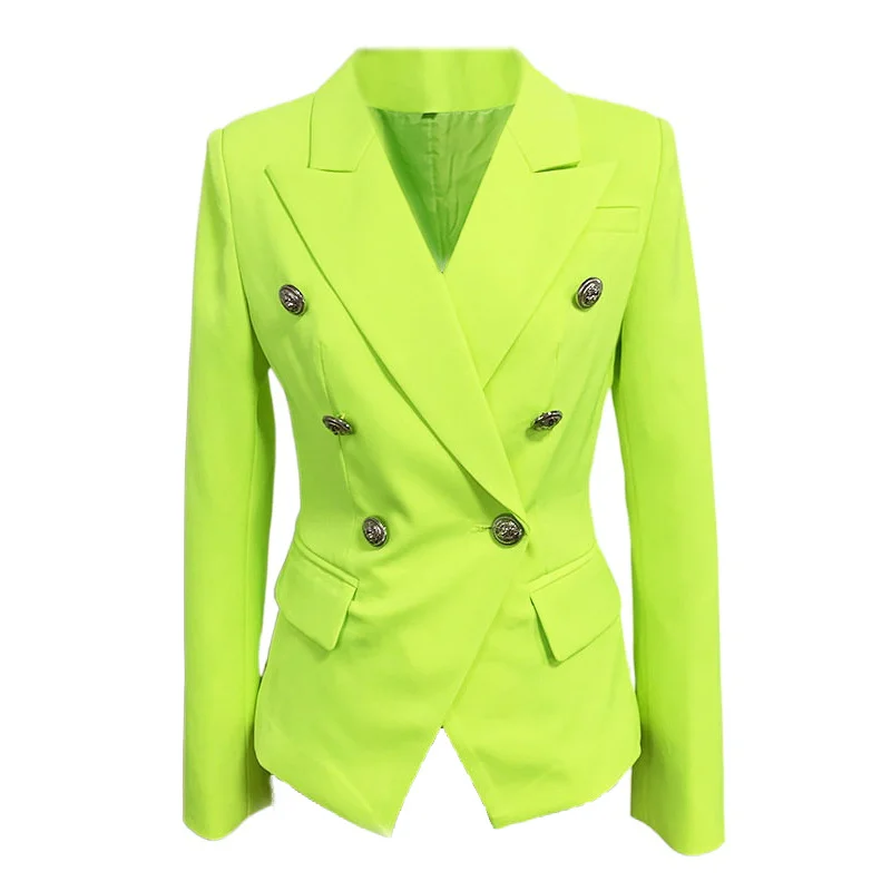 

Fluorescent Green Yellow Blazer Women Designer Office Formal Double Breasted Buttons Blazers Jacket High Quality Dropshipping