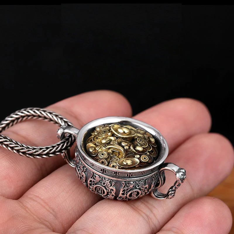 

New Chinese Style Lucky Money Transfer Personalized Silver Necklace Men's Retro Sweater Chain Jewelry Accessories