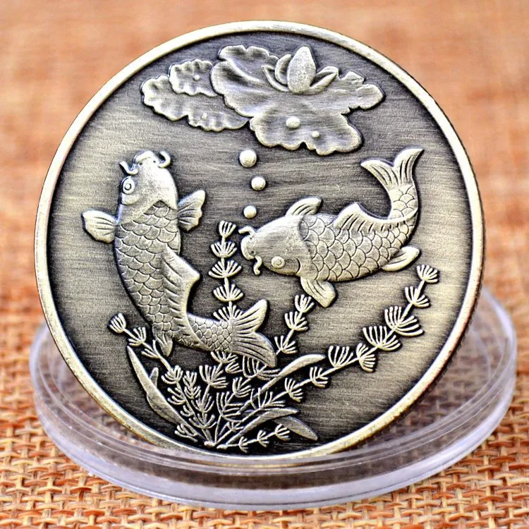 

China Koi Fish Lotus Collectible Coins Gold Plated Commemorative Coins Lucky Souvenir Gift