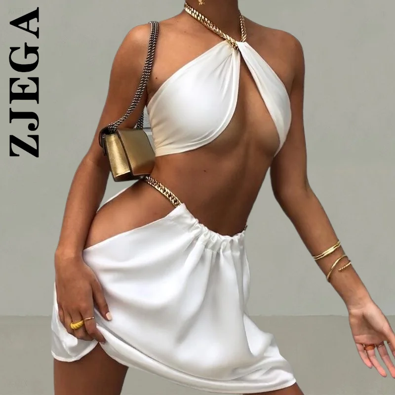 

Zjega Halter Hollow Out Crop Sleeveless Off Shoulder Sexy Mini Dress Club Simple Party Dresses All-Match Vestidos Female Dress