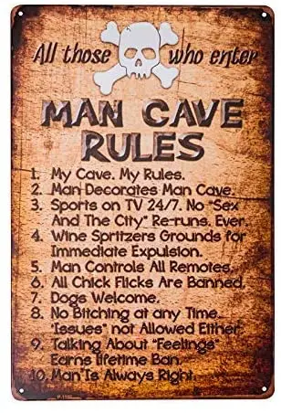 

Мужская пещера правила Топ 10 игровая комната Бар Паб Новинка жестяной знак 8x12 дюймов