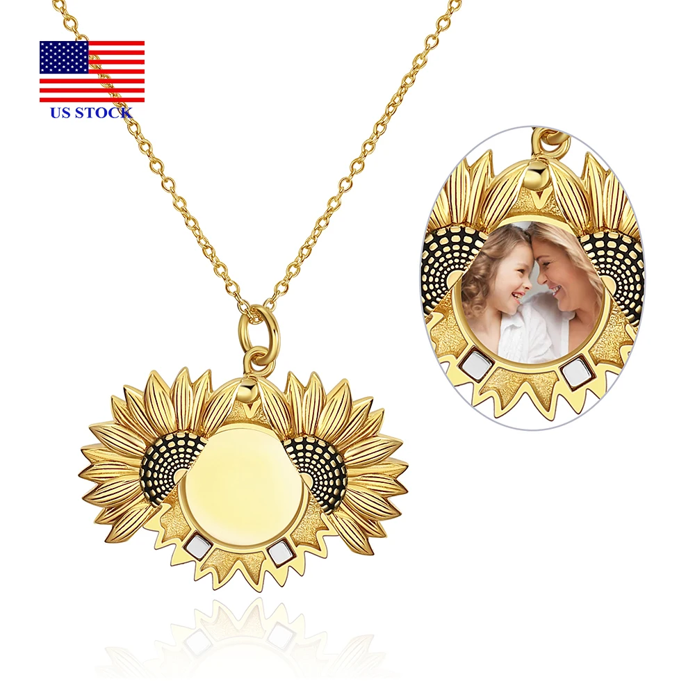 

Sterling Silver Custom Sunflower Photo Locket Pendant Necklace Christmas Jewelry Gold F0193 US STOCK