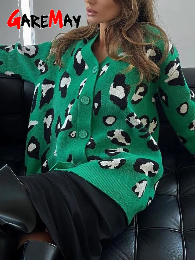 Зимний бежевый кардиган с леопардовым принтом Женская куртка пуговицами