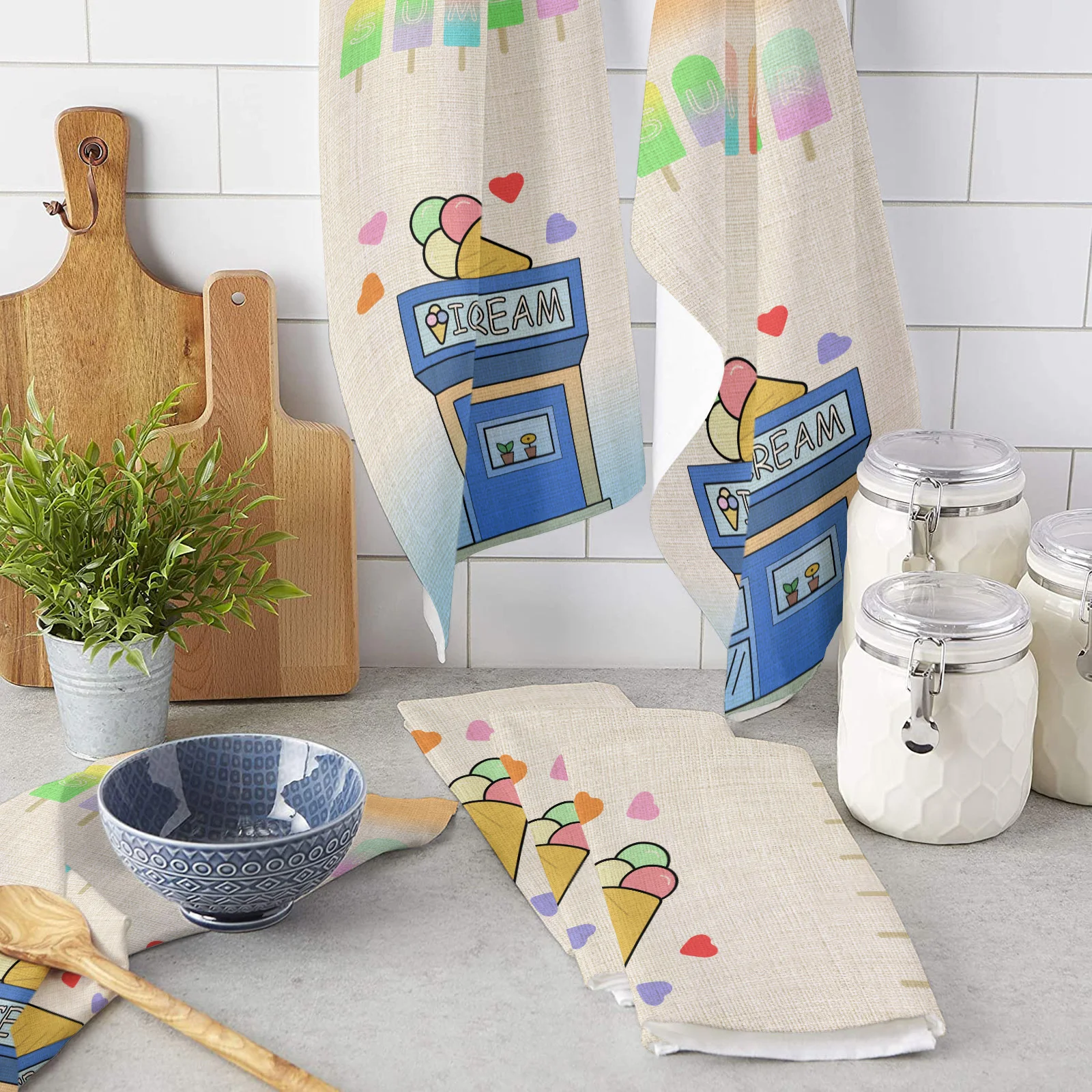 

Ice Cream Summer Hand Towels Dishcloth Utensils for Kitchen Microfiber Cleaning Cloths Household Wipe Towel