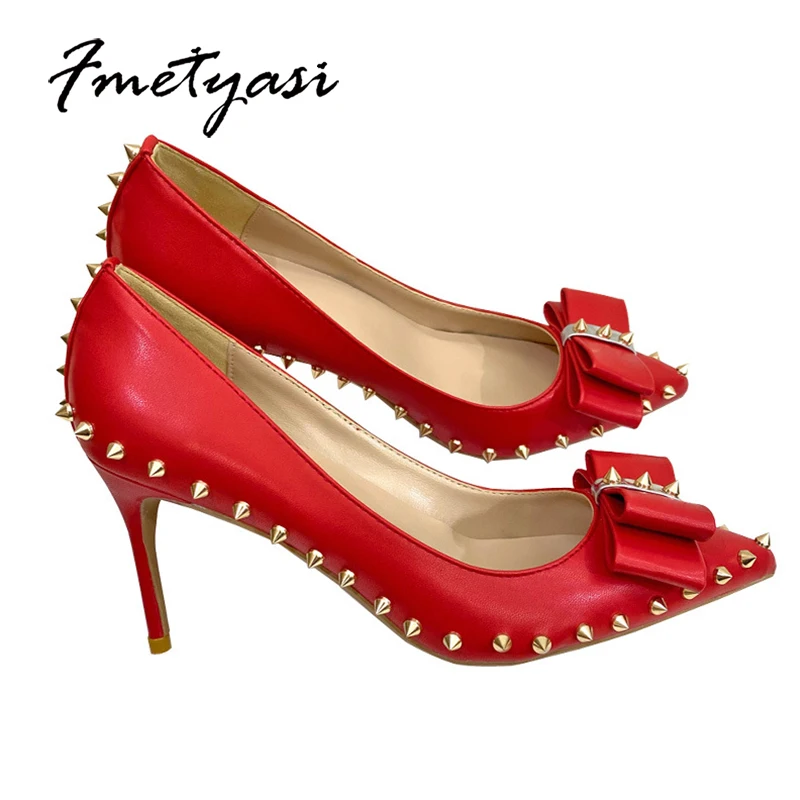 Sexy 8-12Cm Ladies Rivets Red Matte High Heel Bow Pointed High Heels Toe Stiletto Pumps Party