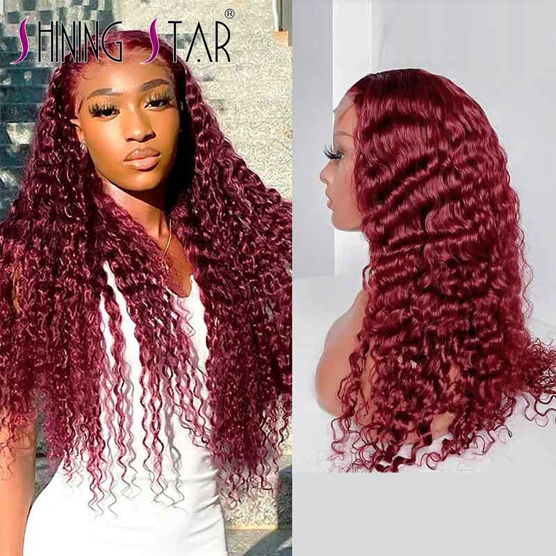 

Deep Wave 99j Lace Front Human Hair Wigs 180% 13X4 Transparent Burgundy Red Curly Wigs Human Hair Lace Frontal Wig For Women