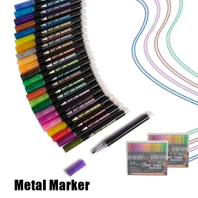 

12/24 Colors Permanent Fine Outline Point Tip Coloured Metallic Marker Pens