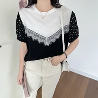 fashion t shirt patchwork lace contrast color pullover show thin commuter elegant ladies top korean summer 2022