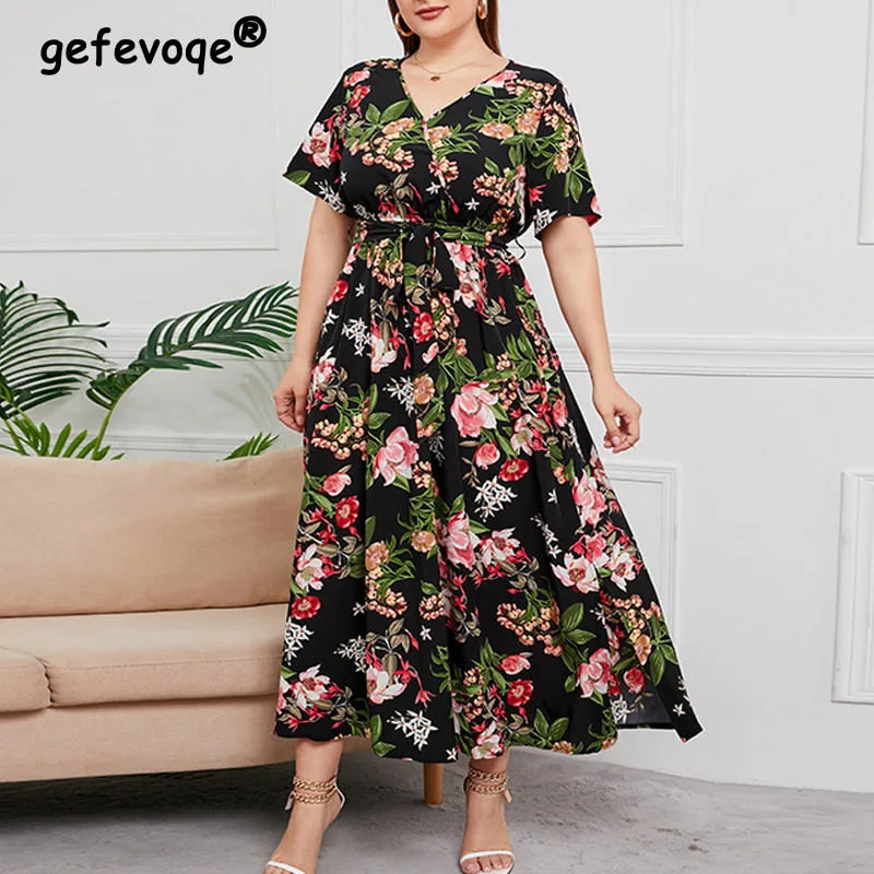 

Floral Print Lace Up High Waist Casual Holiday Dresses for Women Summer Fashion V-Neck Short Sleeve Loose Beach Maxi Dress Robes