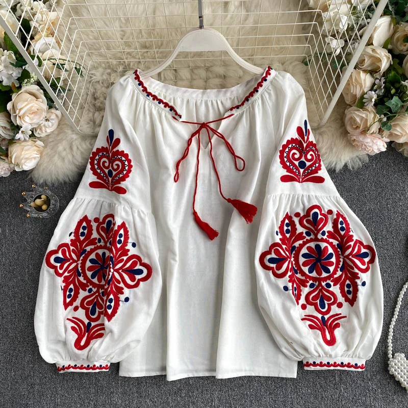

Women's Retro Blouse Embroidered Lace-Up Tassel V-Neck Lantern Sleeve Tops Loose All-Match Female Blusa Womens Shirts