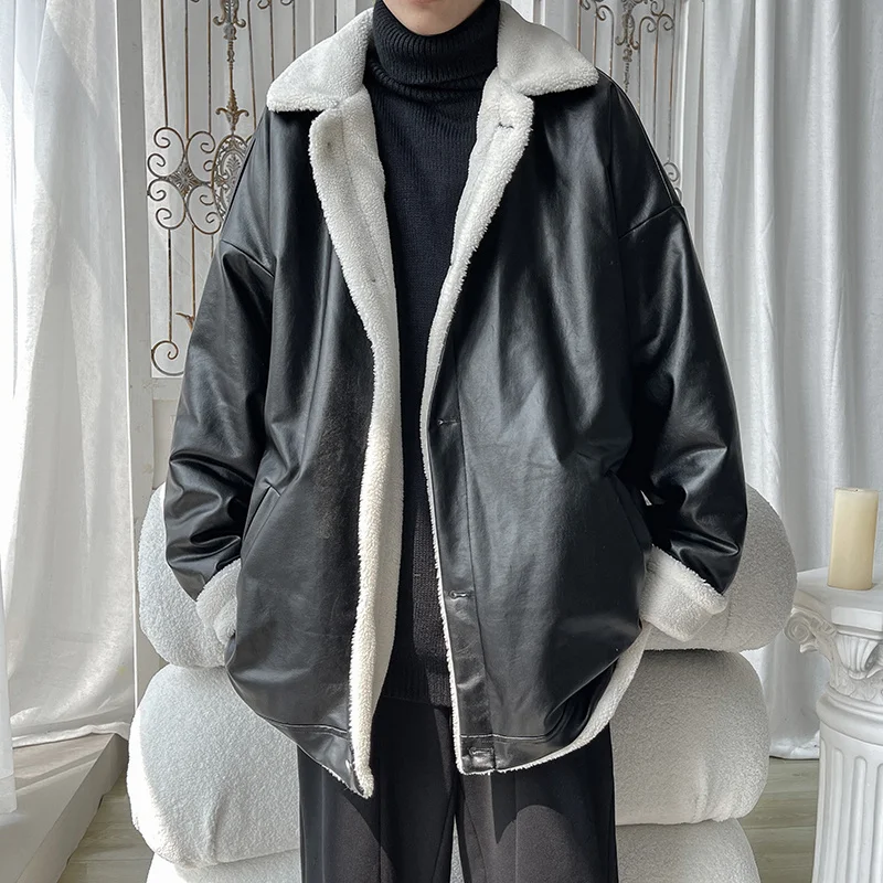 

Winter Jacket Men Warm Fashion Brown Black Thickened Leather Jacket Men Korean Loose Thick Leather Short Coat Mens Parker M-2XL