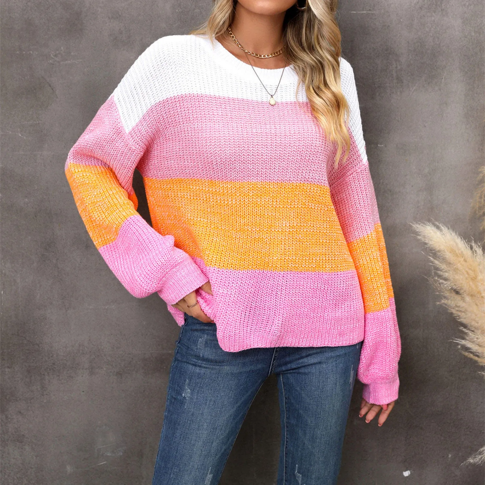 

Autumn Winter New Sweater Women Splicing Collision Color Big Size Loose Pullover Jumper Knit Sweater 2023 Ladies Clothing