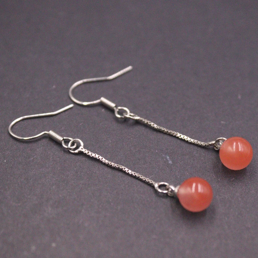 

Pure S925 Sterling Silver Earrings For Women 7mm Red Agate Ball Earrings Hook Dangle 2inchH