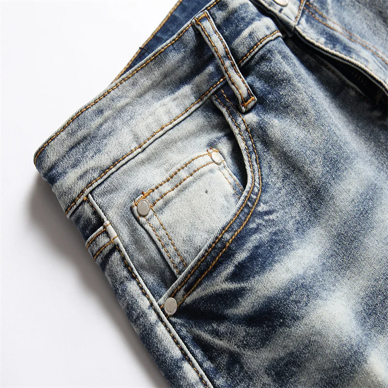 Men's Clothing Vintage Light Blue Holes Ripped Biker Jeans Motorcycle Casual Pleated Torn Stretch Denim Slim Pants Trousers Men