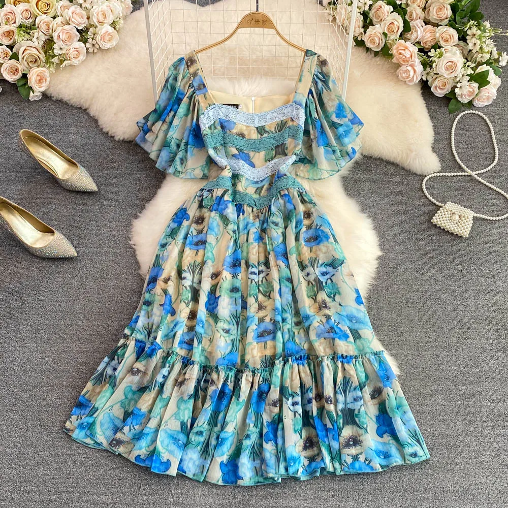 

Summer Dress Lace Patchwork Pleated Flods High Waist Printing Square Collar Batwing Sleeve Midi Dress Bule Elegant Female Robe
