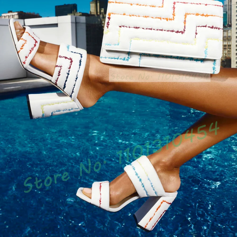 

Мюли женские кожаные с принтом, элегантные сандалии на массивном каблуке, разноцветные, квадратный каблук, радужные, летние Тапочки