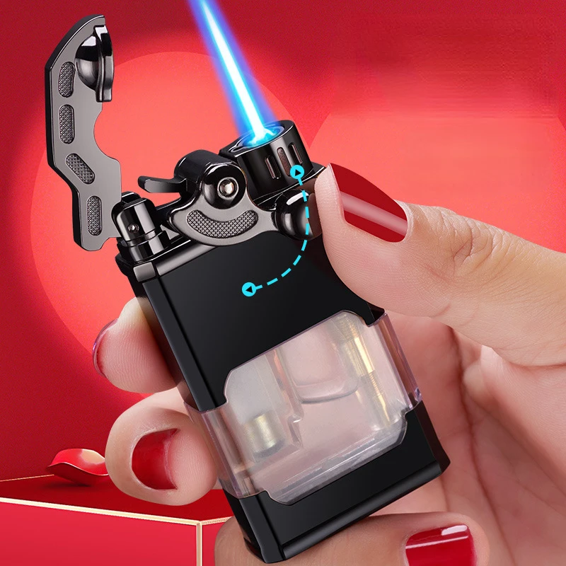 

New Transparent Rocker Butane Inflatable Lighter Night Glow Windproof Direct Charge Blue Flame Lighter Cigar Smoking Accessories